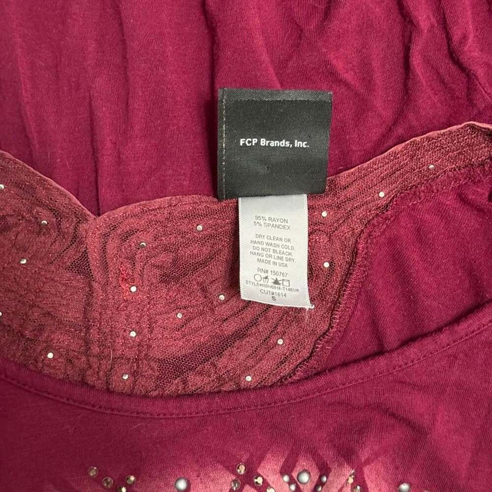 Harley-Davidson Rhinestone Embellished Burgundy 3/4 Sleeve Top Small HDW0916-T14 - Picture 5 of 8